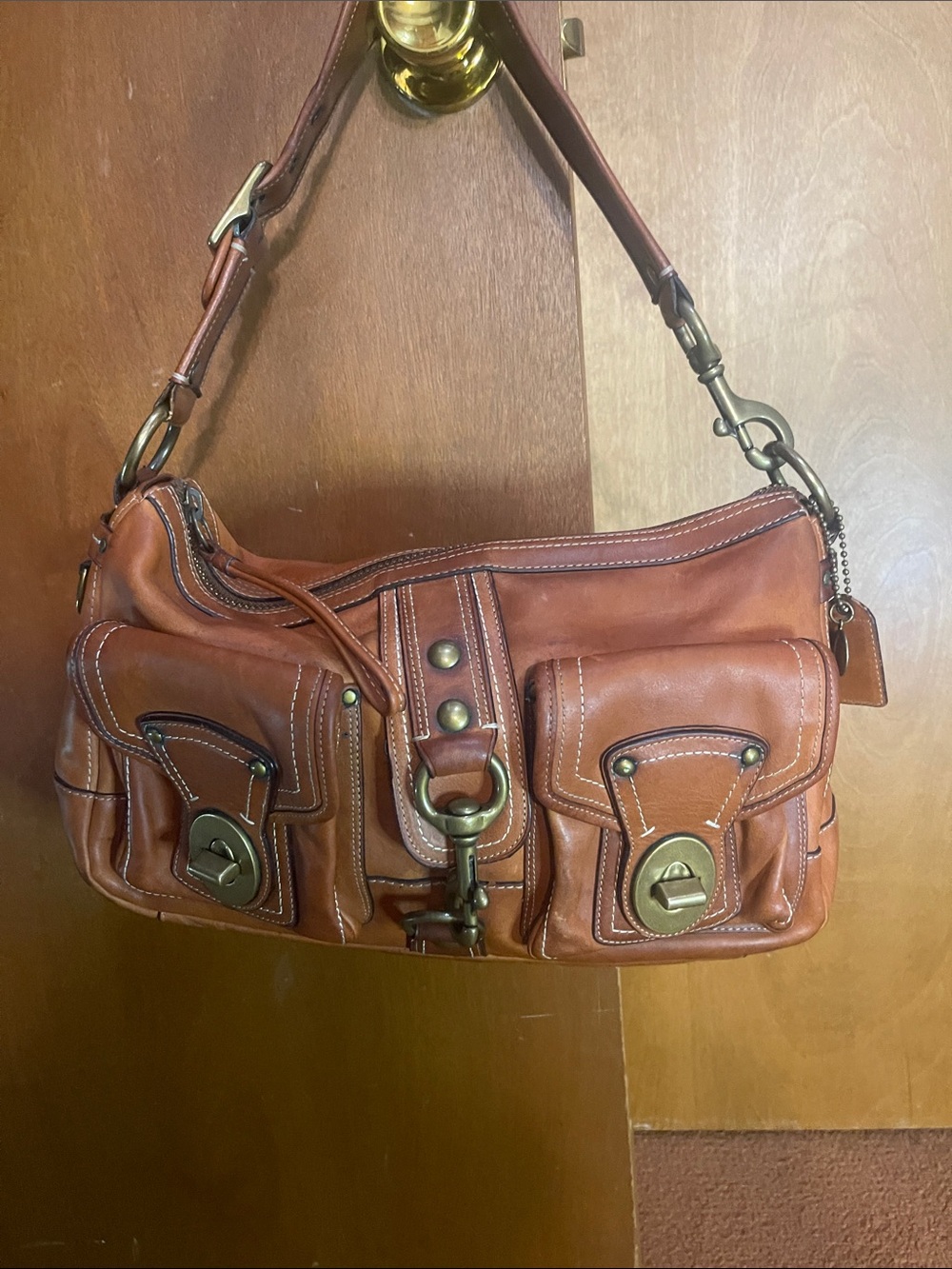 Coach Saddle Brown Leather Shoulder Bag with Brass Hardware